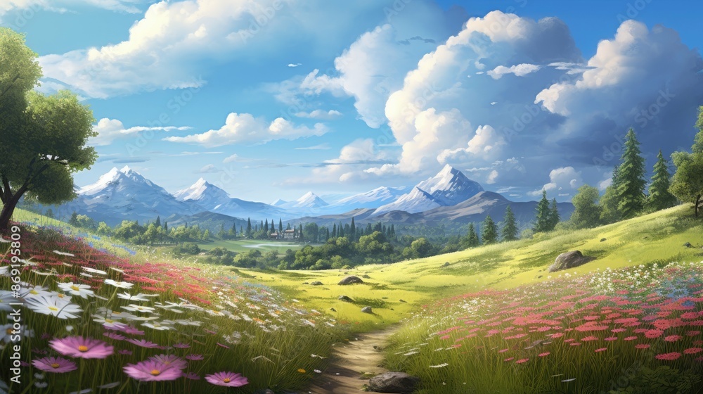 Poster the image is of a beautiful landscape with a large field of flowers in the foreground and a forest a