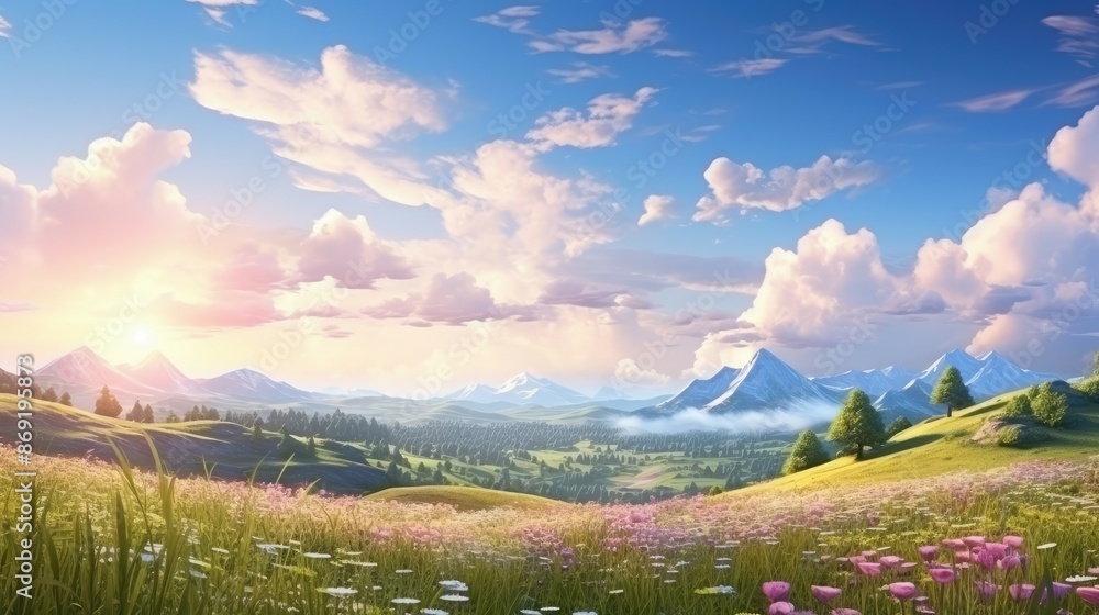 Poster the image is a beautiful landscape with a wide open field of flowers in the foreground.