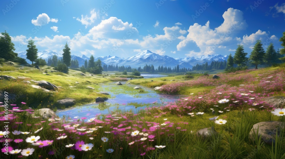 Poster the image is of a beautiful landscape with a river running through it. the river is surrounded by gr
