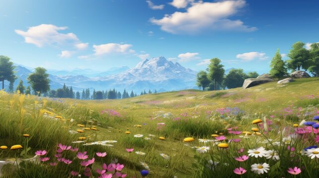 The image is of a beautiful mountain landscape with a large snow-capped mountain in the distance.