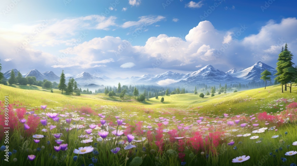 Poster a beautiful landscape with a large field of flowers in the foreground and mountains in the backgroun