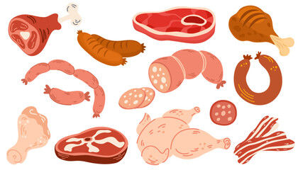 Meat products cartoon set. Natural farm food. Gastronomic delicacies animal origin. Smoked sausages. Beef steaks. Pork bacon and ham. Fresh chicken or lamb. Butcher shop. Garish vector set