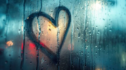 Broken heart drawn on a foggy window, breakup, emotional expression