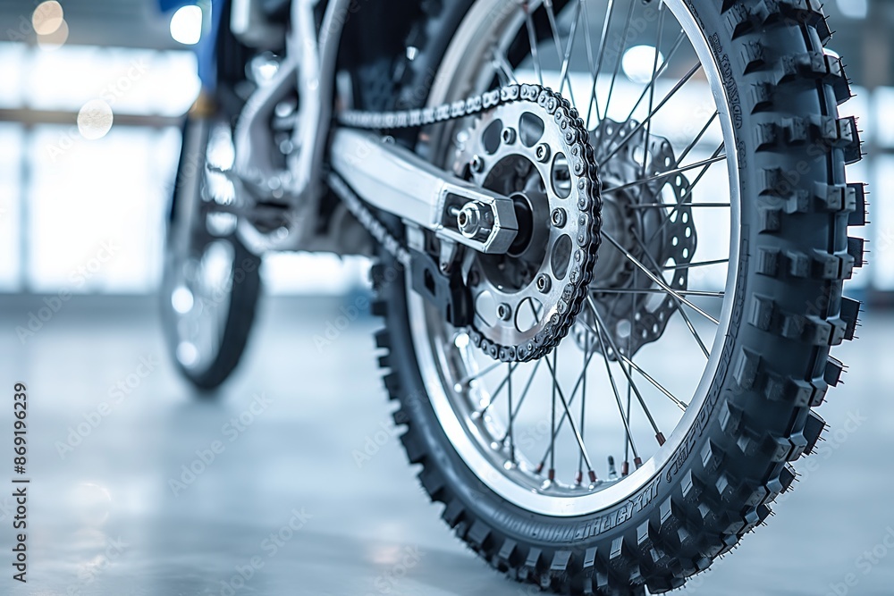 Wall mural a detailed close-up of the rear wheel of a motocross bike, capturing the intricate design and rugged