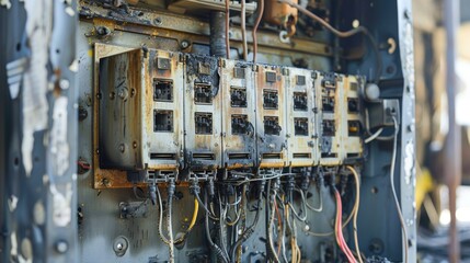 Burnt electrical panel with melted wires, electrical fire hazard, building safety