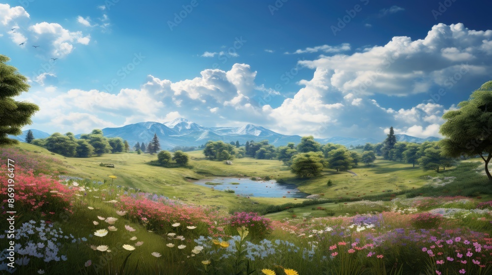 Poster the image is of a beautiful landscape with a large green field, surrounded by trees and mountains in