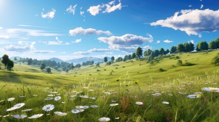 The image shows a beautiful green landscape with rolling hills and a blue sky.