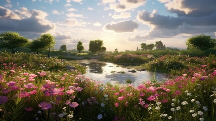 Obraz premium A beautiful landscape with a river running through it. The river is surrounded by green grass and flowers of various colors.