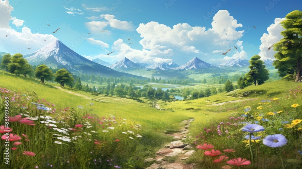 Poster the image is of a beautiful landscape with a mountain range in the distance, a river running through
