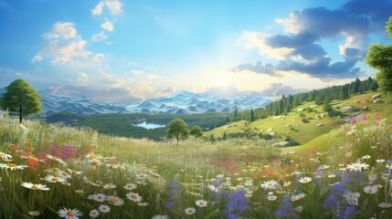 The image shows a beautiful landscape with a green field of flowers and a mountain range in the distance.