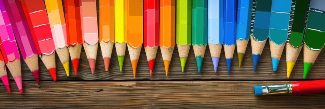 Colorful pencil tips aligned in a perfect rainbow row