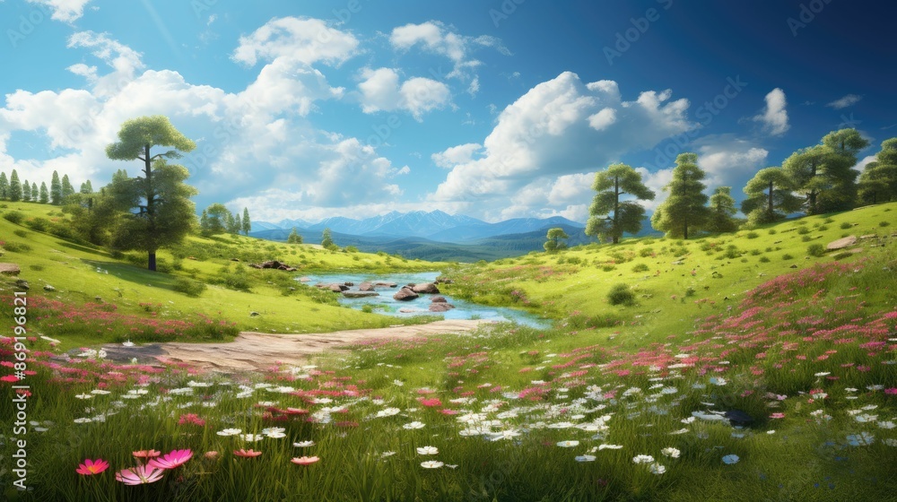Poster the image is of a beautiful landscape with a river running through it.