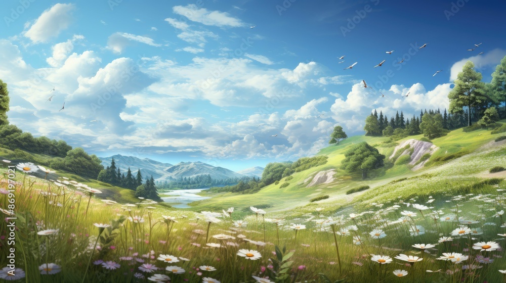 Poster the image is of a beautiful landscape with a river running through it.