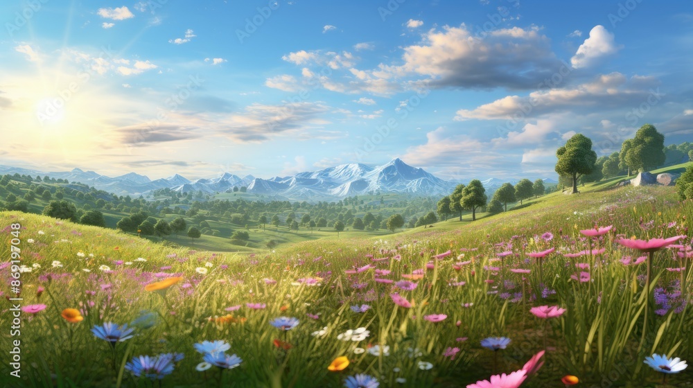 Poster the image is of a beautiful landscape with a large mountain range in the distance.