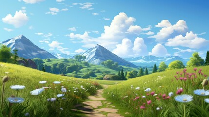 Fototapeta premium A beautiful landscape with a mountain range in the distance, green hills, and a flower field in the foreground.