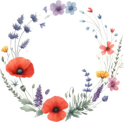 Naklejka premium Delicate Floral Wreath with Poppies and Lavender, Watercolor Illustration isolated on white background