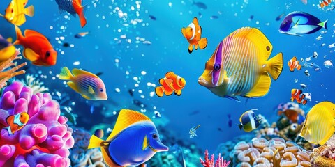 Naklejka premium Colorful Fish Swimming in a Vibrant Coral Reef