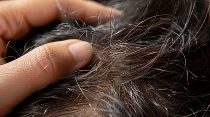 Close-up of fingers running through hair with visible hair shedding, hair loss, personal care