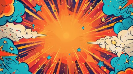 Comic book explosion backdrop on a party invitation, superhero elements, space for event details