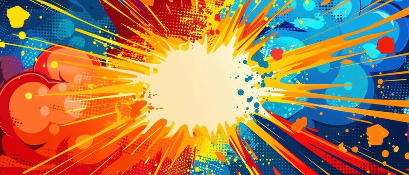 Comic book explosion backdrop on a superhero party invite, colorful design, area for event details