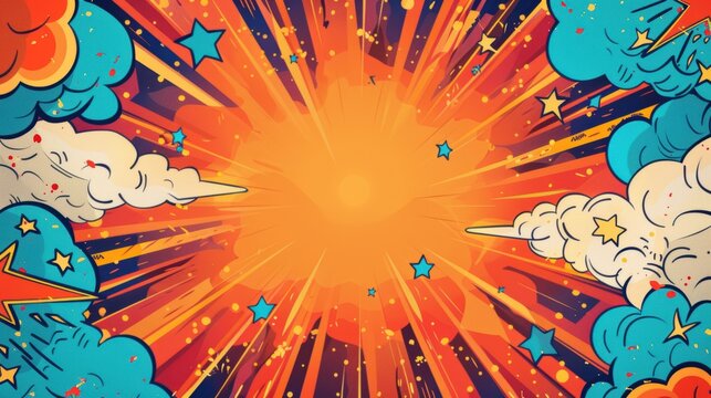 Comic book explosion backdrop on a party invitation, superhero elements, space for event details