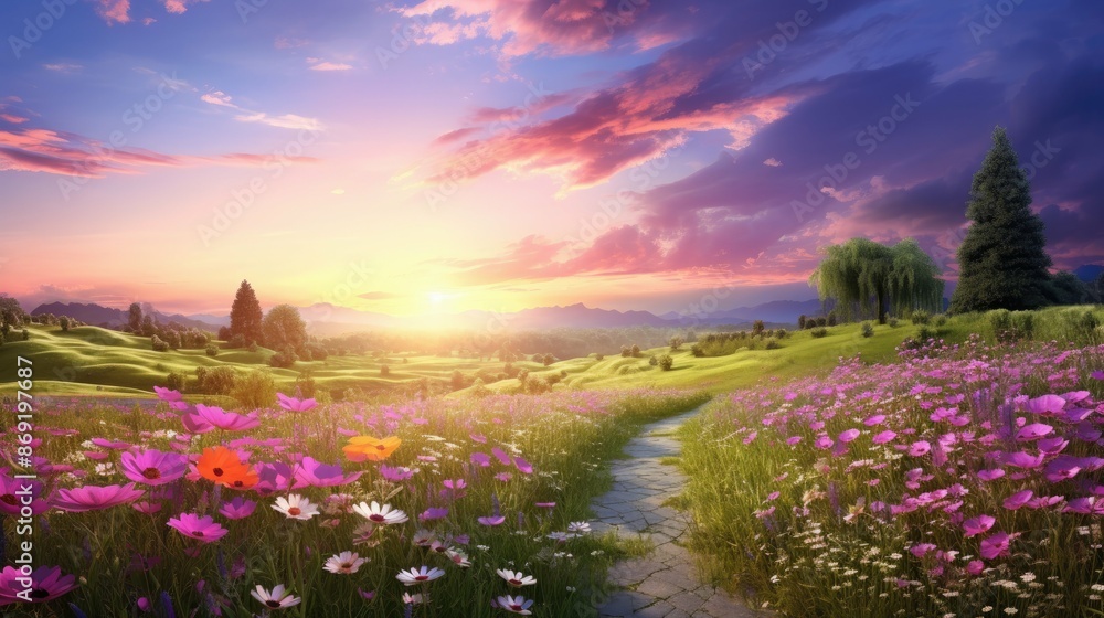 Poster a beautiful landscape image of a flower field with a stone path leading through it.