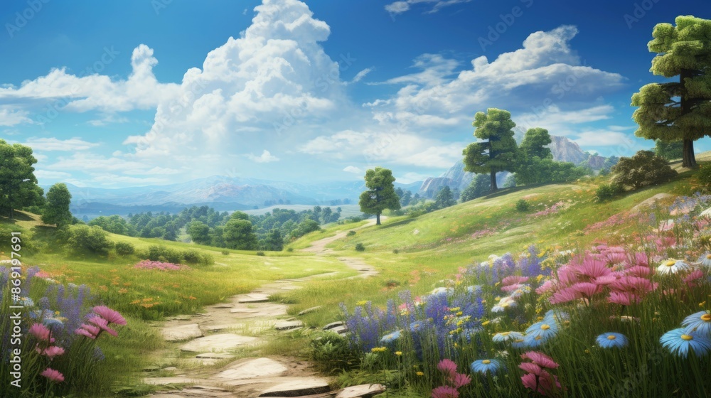Poster a lush green field of grass and flowers with a stone path leading through it. there are trees and mo