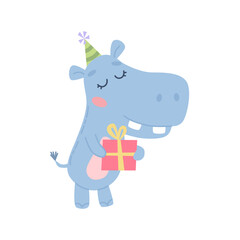 Cute hippo with a gift wearing party hat. Birthday greetings. Vector illustration