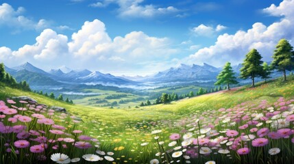 A beautiful landscape with a large green field full of colorful flowers and a mountain range in the distance.
