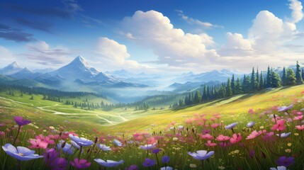 A beautiful landscape with a mountain range in the distance. The foreground is a lush green meadow with a variety of flowers in bloom.