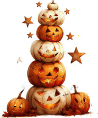 Stack of Carved Pumpkins with Stars, Halloween Decoration on white background
