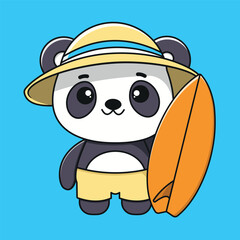 Fototapeta premium Flat Vector Cute Cartoon Panda Character with Surfing and Ball Happy Summer Beach