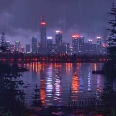 Fototapeta premium Rainy night cityscape with illuminated buildings reflecting in a lake