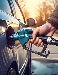 Refuel the car at a gas station fuel pump.