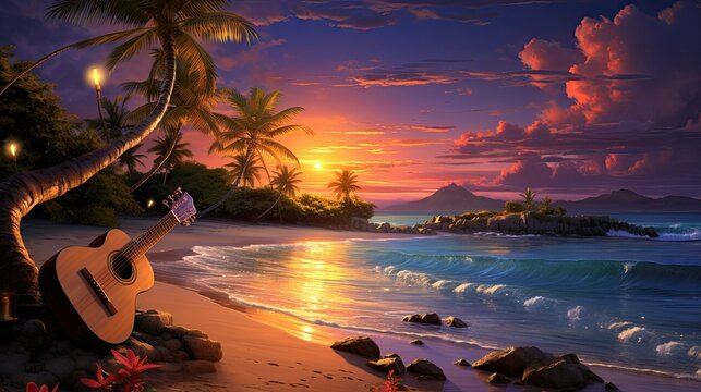 The setting sun casts a warm glow over the beach, palm trees and ocean.