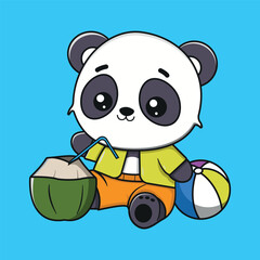 Flat Vector Cute Cartoon Panda Character with Surfing and Ball Happy Summer Beach