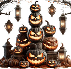 Halloween Pumpkin Tower with Hanging Lanterns, Spooky Art on white background