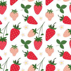 Vector seamless pattern with red and pink strawberry. Trendy summer background with hand drawn strawberry, flowers and leaves.