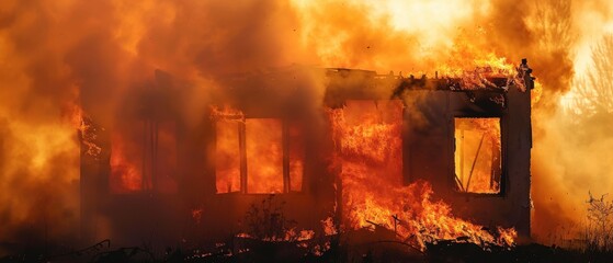 Obraz premium Flames consuming an abandoned building with thick smoke, urban fire, public hazard