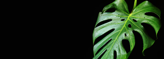 Monstera leaf on a dark background, close-up. Green monstera leaf with water drops on a black...