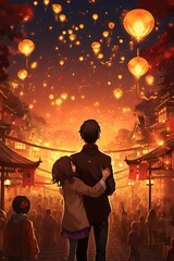 Fototapeta premium Mid-range shot (Happiness is always with you): On the night of the Spring Festival, a family is setting off fireworks and sky lanterns outdoors.,wuxia, generative ai