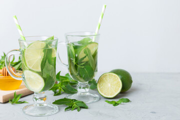 Mojito summer refreshing cocktail with ice and mint. mojito cocktail with lime, lemon and mint in a tall glass with a stick