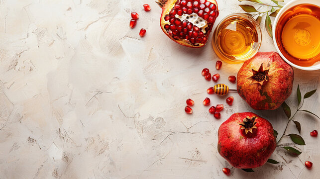Honey and pomegranate on table with copy space