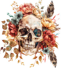 Naklejka premium Skull with Autumn Flowers and Leaves, Gothic Art
