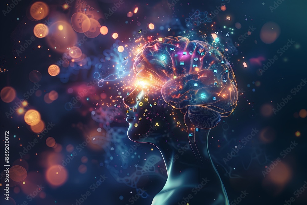 Poster an abstract of a human silhouette with the brain area glowing and filled with various icons