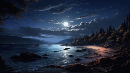 Fototapeta premium The moonlit beach is a beautiful and serene sight.