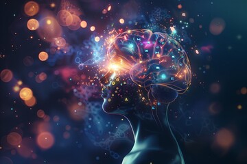 An abstract of a human silhouette with the brain area glowing and filled with various icons