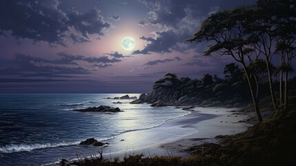 Fototapeta premium The full moon rises over a tranquil sea, casting a silvery glow on the waves. The beach is deserted, save for a few seabirds flying overhead.