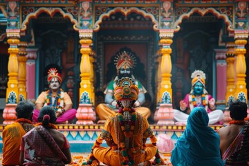 A vibrant and colorful Hindu temple scene with devotees engaged in worship, highlighting the rich cultural and spiritual atmosphere.