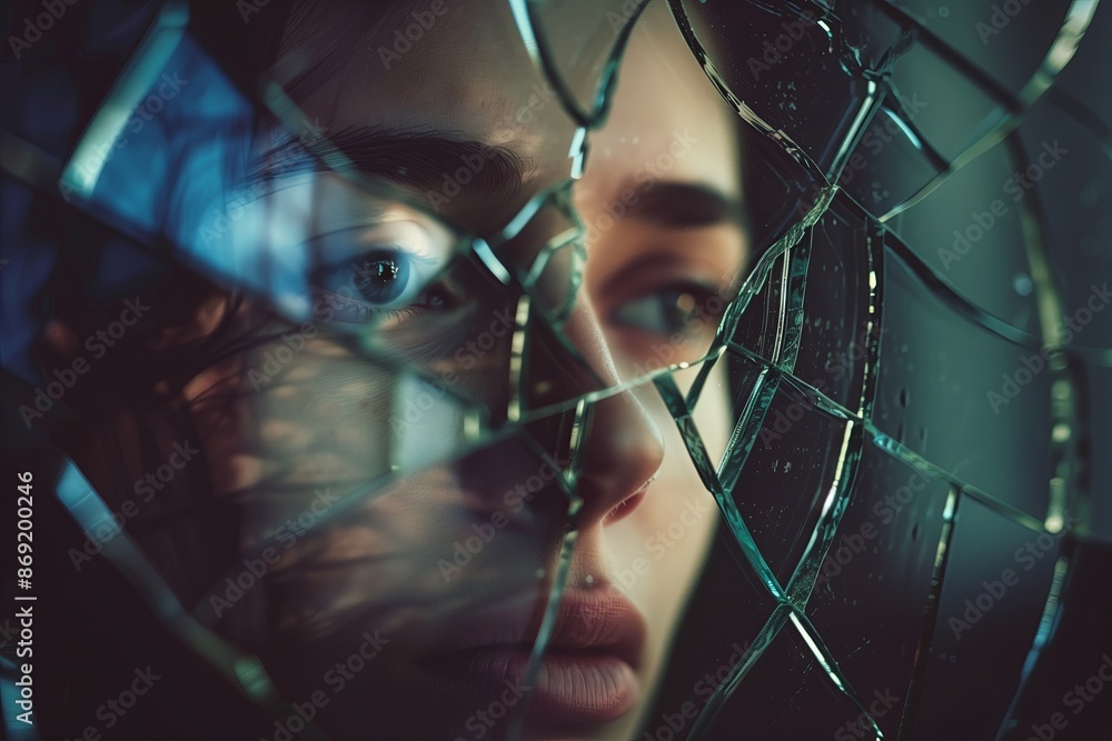Poster an abstract of a person looking into a cracked mirror, with each shard reflecting a different